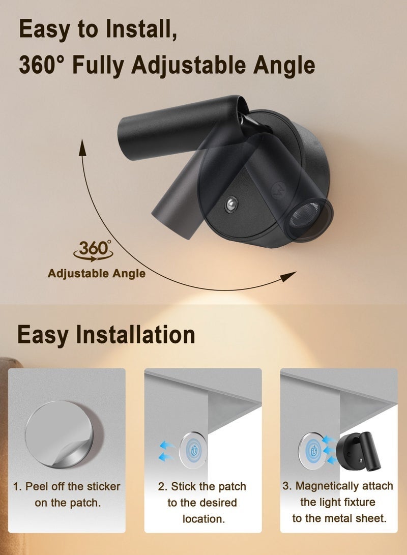 LED Wall Lamp, Wall-Mounted Lamp with 3 Color Temperatures, Dimmable 360° Rotation Function, Rechargeable Battery Reading Light for Living Room, Bedroom, Hallway and Nightstand (Black) - Image 3